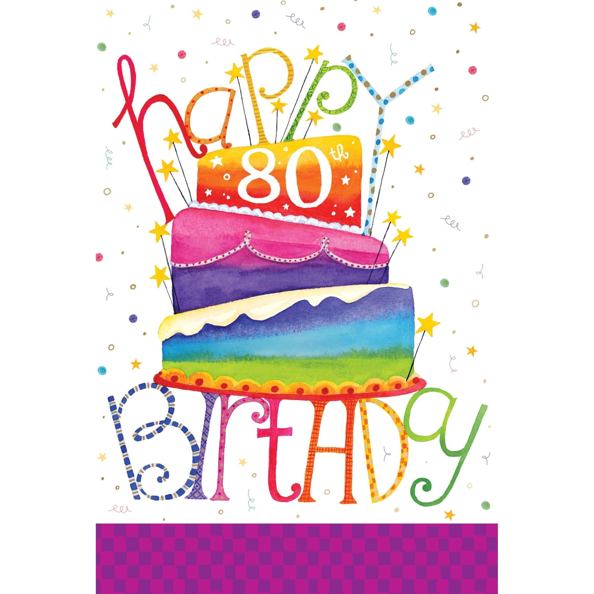 Colorful 80th birthday card with a decorated cake design from Pictura's everyday card collection.